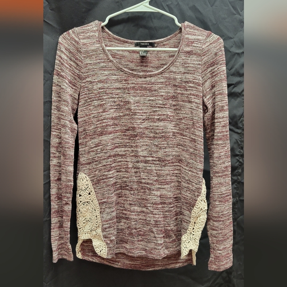 Forever 21 Purple Sweater With Cream Lace Detail - Small